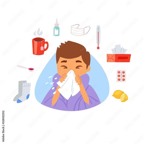 Stockvektorbilden Flu And Sick Boy With Handkerchief In Hand And