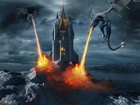 Zdjęcie Fantasy Zamek Smoki Płomienie