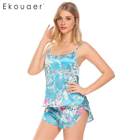 Ekouaer Women Casual Pajamas Set Floral Satin Elastic Waist V Neck Summer Pajamas Set Sleeveless