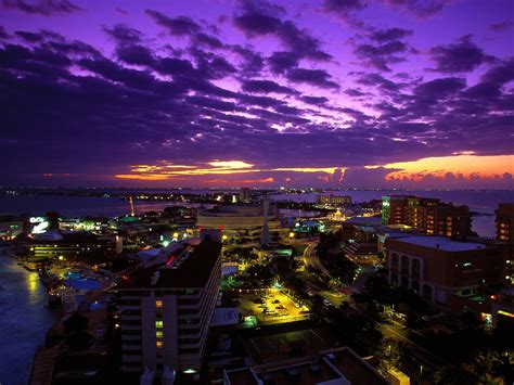 Hd Wallpaper Cancun At Twilight Mexico Cancun Sunset Night Town Lights