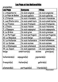 FRENCH - WORKSHEET - Les Pays et les Nationalités (Countries and ...