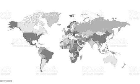 Grayscale World Map With Countries Borders Outline Stock Illustration