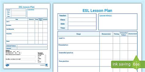 free 👉 lesson plan template for esl esl primary resources