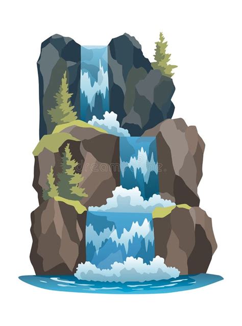 Waterfall Cascade Cartoon Landscape With Rock Mountain And Trees Stock