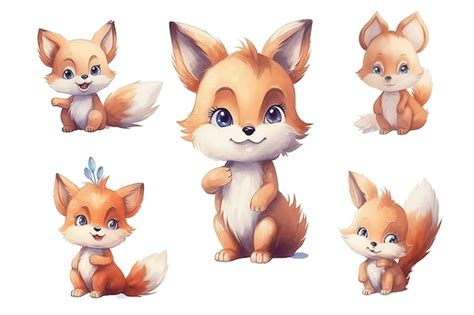 Premium Photo Set Of Cute Baby Fox Painted In Watercolor On A White