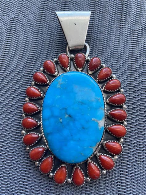 Navajo Lydia Begay Signed Sterling Silver Red Coral And Turquoise