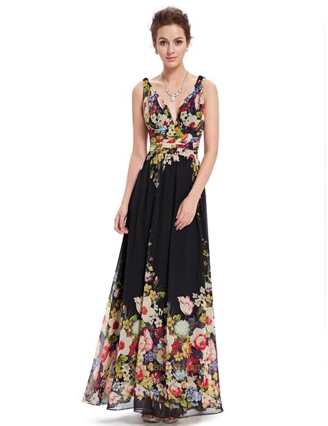 Black Deep V Neck Floral Print Long Chiffon Prom Dresses Fancy