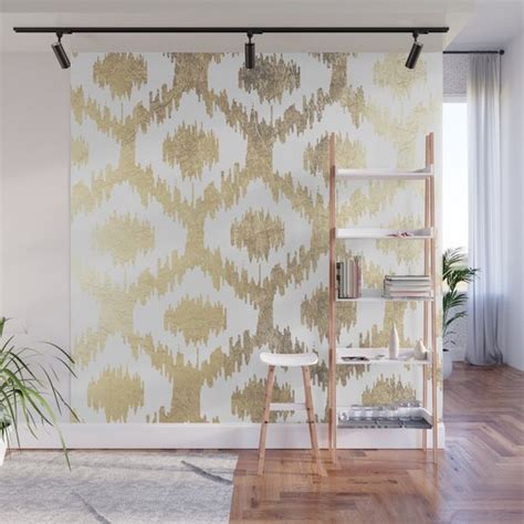 Modern White Hand Drawn Ikat Pattern Faux Gold Wall Mural By Pink Water