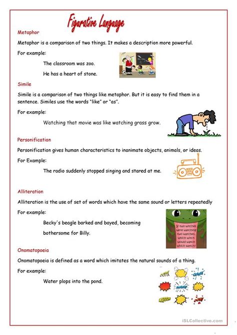 It uses figures of speech to go beyond a literal meaning to. Figurative Language - English ESL Worksheets for distance ...