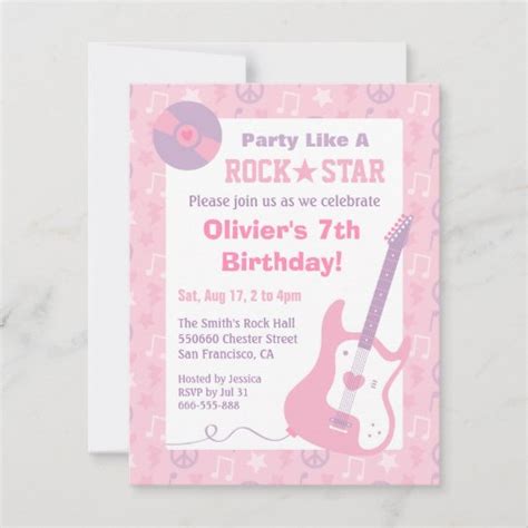 Pink Rock Star Girls Birthday Party Invitations