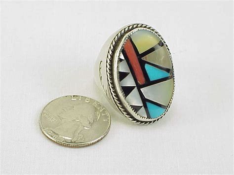 Vintage Native American Zuni Mens Sterling Silver Inlaid Turquoise