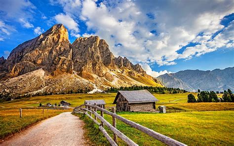 Road House Fence Mountains Grass Trees Clouds Brown Cabin Green