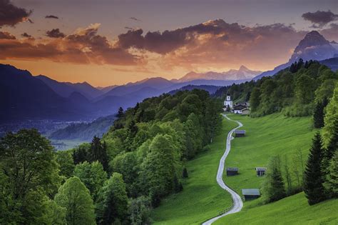 Nature Landscape Mountain Clouds Trees Forest House Road Church Valley Hill Building