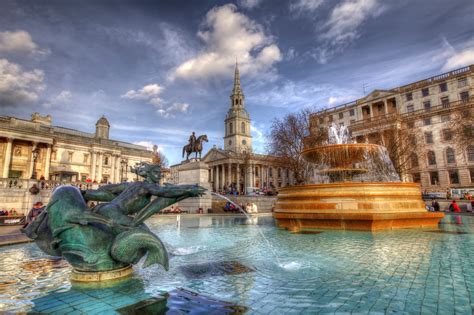 Fountains Sky England Hdr London Trafalgar Square Cities