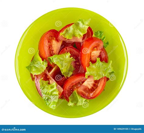 Salad From Tomato Lettuce In Bowl Isolated On White Top View Stock