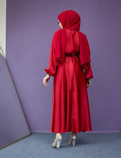 Nude Saten Mevlana Abiye Elbise Kırmızı