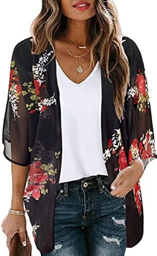 Womens Floral Print Puff Sleeve Kimono Cardigan Loose Cover Up Casual