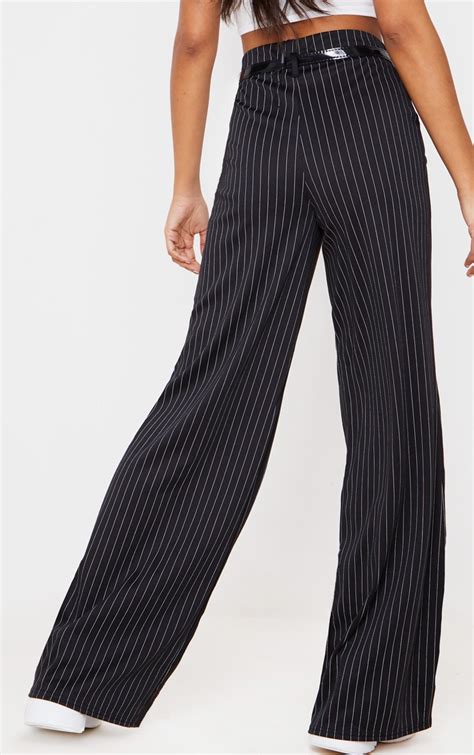 Black Pinstripe Wide Leg Belted Trouser Prettylittlething Usa