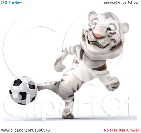 Clipart Of A 3d White Tiger Playing Soccer On A White Background