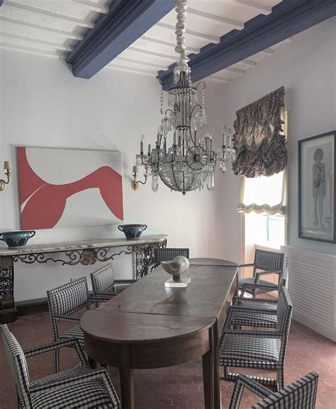 A Dining Room Table With Chairs And Chandelier In Front Of A Painting