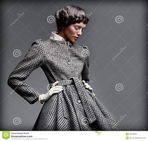 Nostalgia Romantic Lady In Classic Coat Daydreaming Pinup Style Stock