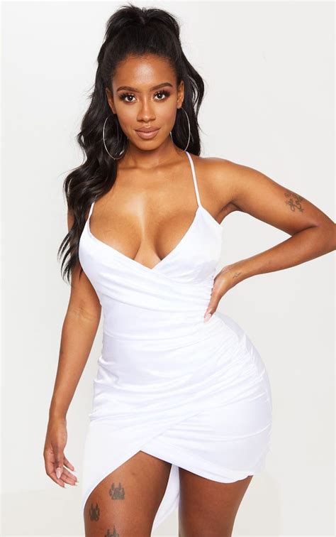 shape white satin wrap dress curve prettylittlething