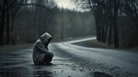 Fondo Persona Triste Sentada En Un Camino Fangoso Bajo La Lluvia Fondo
