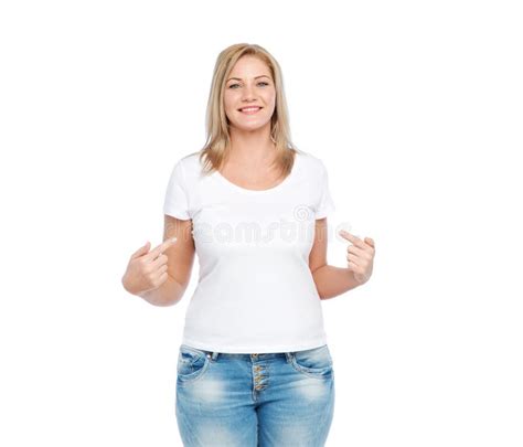 Woman In White T Shirt Pointing Fingers To Herself Stock Image Image