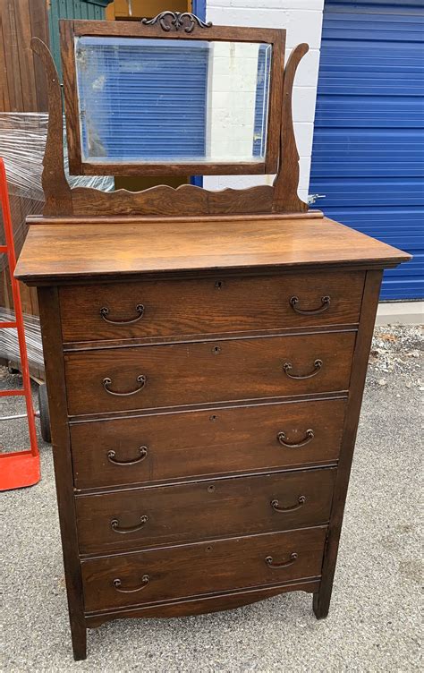 Please attach to the wall. Antique Oak Highboy chest dresser with mirror 5 drawers ...