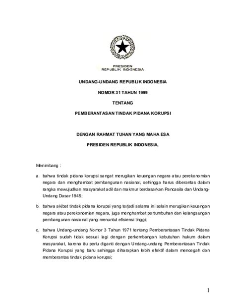 Pdf Undang Undang Republik Indonesia Nomor 31 Tahun 1999 Tentang Pemberantasan Tindak Pidana