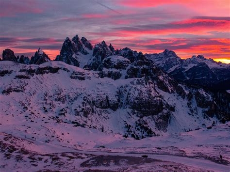 Wallpaper Mountain Snow Peaks Sunset Tre Cime Di Lavaredo Mountain