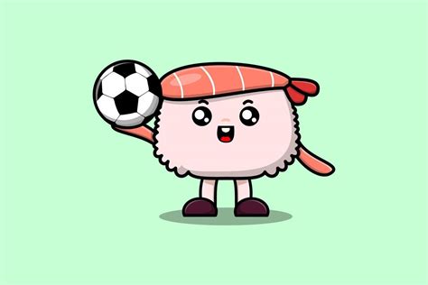 Cute Cartoon Sushi Shrimp Character Play Football 16991263 Vector Art