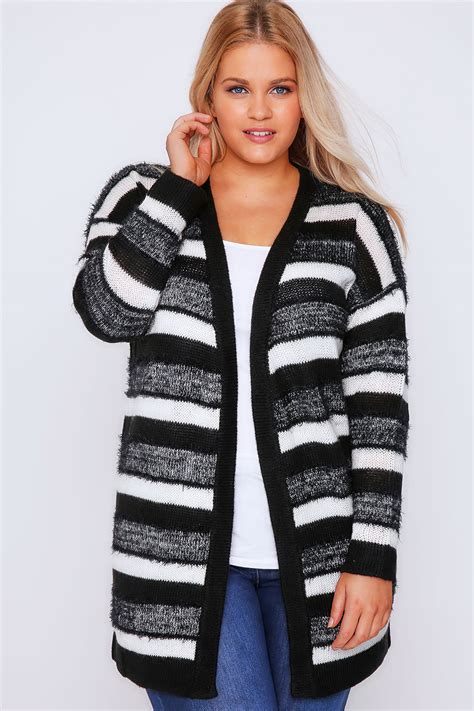 Black And Cream Stripe Knit Longline Cardigan Plus Size 16 To 36