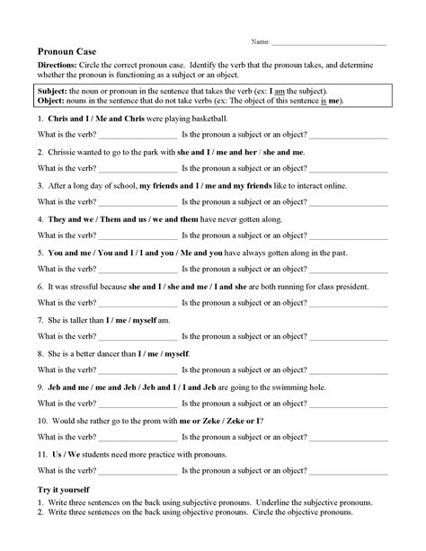 Nominative And Objective Case Pronouns Worksheet