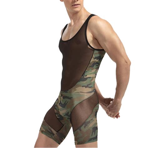 Mens Leotard Wrestling Singlet Bodysuit See Through Sheer Mesh Patchwork Printed Jumpsuits Vest