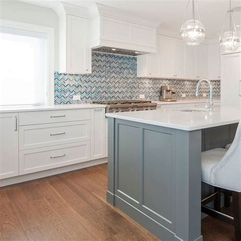 White Kitchen Cabinets Quartz Countertop Chevron Blue Mosaic Kitchen