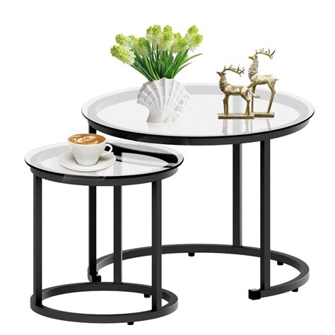 Aboxoo Black Nesting Coffee Glass Table Set Of 2 Metal Freme Side End Tables For Living Room