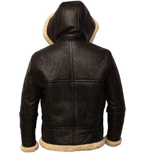 B3 Black Bomber Real Shearling Leather Jacket Removable Hooded Mens