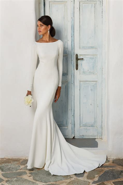 Crepe Fitted Long Sleeve Wedding Dress With Beaded Back Beau Belles