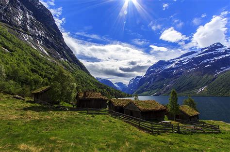 Photos Norway Nordfjord Nature Mountains Sky Lake Meadow Landscape