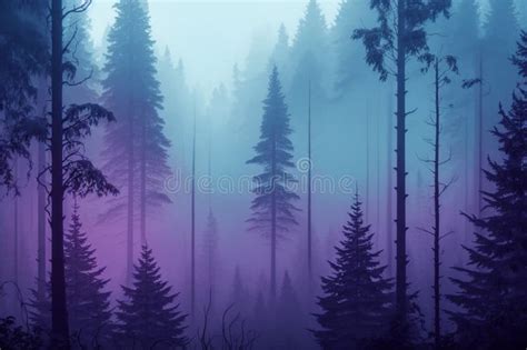 A Foggy Wood Pine Forest With Dark Trees Shillouettes And Purple Blue