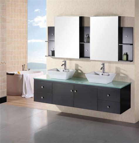 Featuring sleek designs, stylish vessel sinks and minimal hardware, modern vanities offer all the trendy style you demand in a variety of sizes and finishes to match any decor. 72 Inch Modern Double Vessel Sink Bathroom Vanity with ...