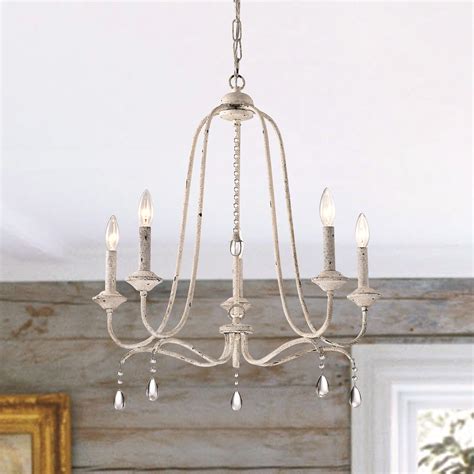 5 Light Distressed Antique White Farmhouse Chandelier With Crystals