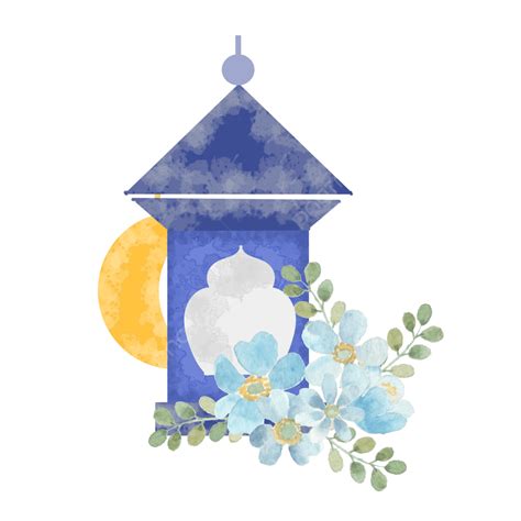 블루 랜턴과 꽃이 있는 수채화 일러스트 라마단 수채화 라마단 라마단 벡터 Png 일러스트 및 Psd 이미지 무료 다운로드
