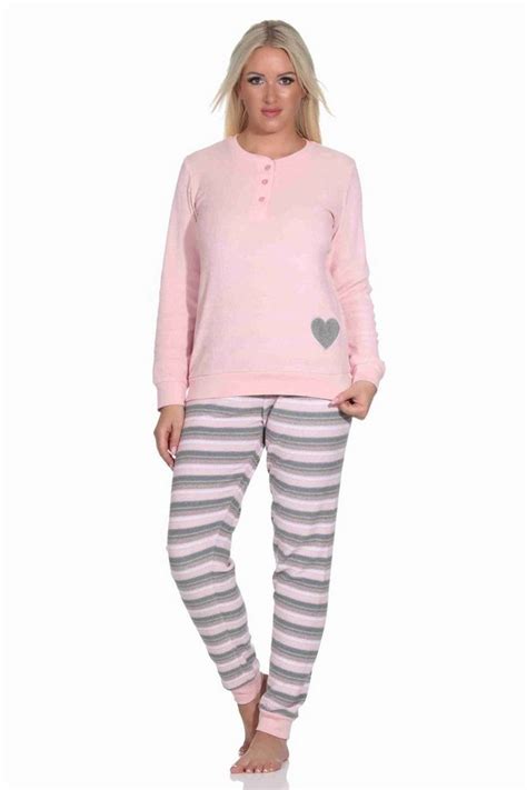 Normann Pyjama Wunderschöner Damen Frottee Schlafanzug Mit Bündchen Und Herz Motiv