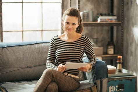 Young Wealthy Brunet Woman Sitting Couch Holding Tablet Stock Photos