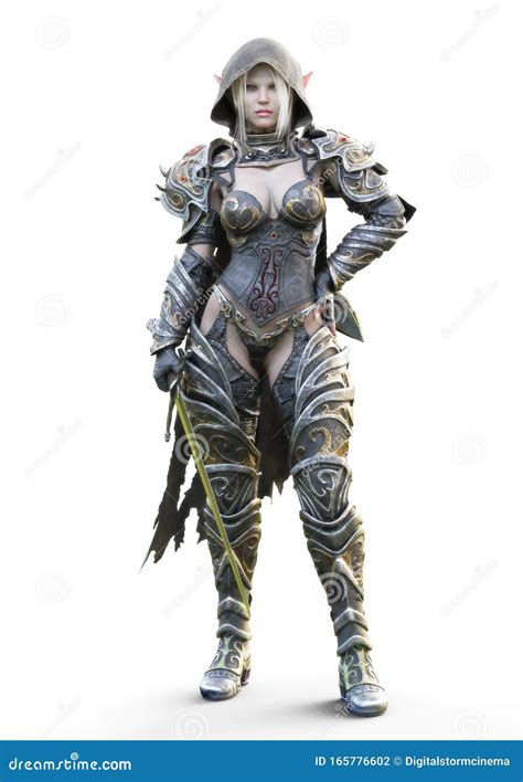 Portrait Of A Fantasy Heavily Armored Hooded Dark Elf Female Warrior Stock Illustration