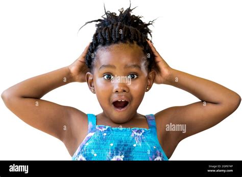 Close Up Fun Portrait Of Cute Black Girl With Hands On Headyoungster With Open Mouth And
