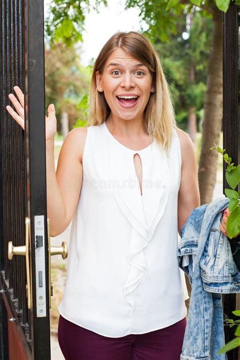 Smiling Woman At The Front Door Stock Image Image Of Lady Background 96697359