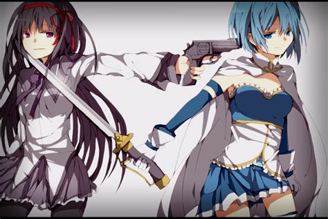 Akemi Homura Black Hair Blue Eyes Gloves Gun Long Hair Mahou Shoujo Madoka Magica Miki Sayaka